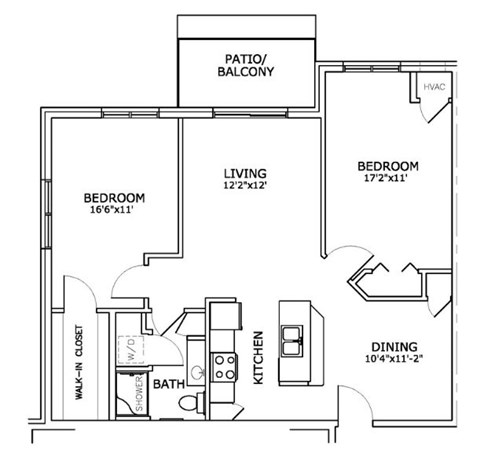 Floor plan for 2 beds, 1 bath, 935 sqft